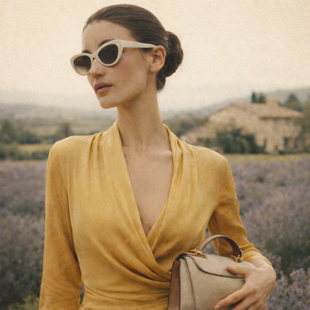 Woman in warm sunlight with sunglasses, relaxed editorial style, unhurried shopping mood